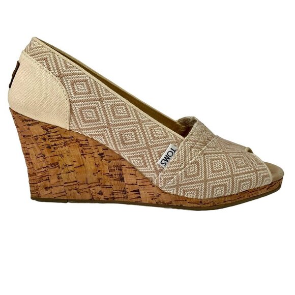 Toms Peep Toe Cork Espadrille Wedge Tan Diamond Aztec Pattern Fabric Women's W10 - Picture 1 of 12